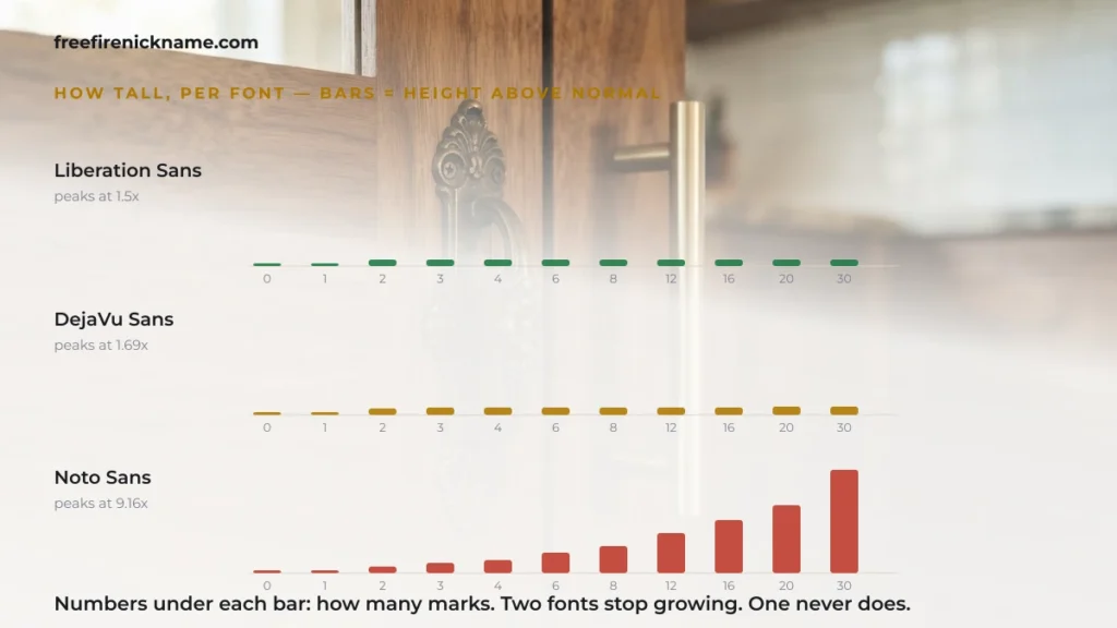 Bar chart of ink height per number of combining marks in three typefaces