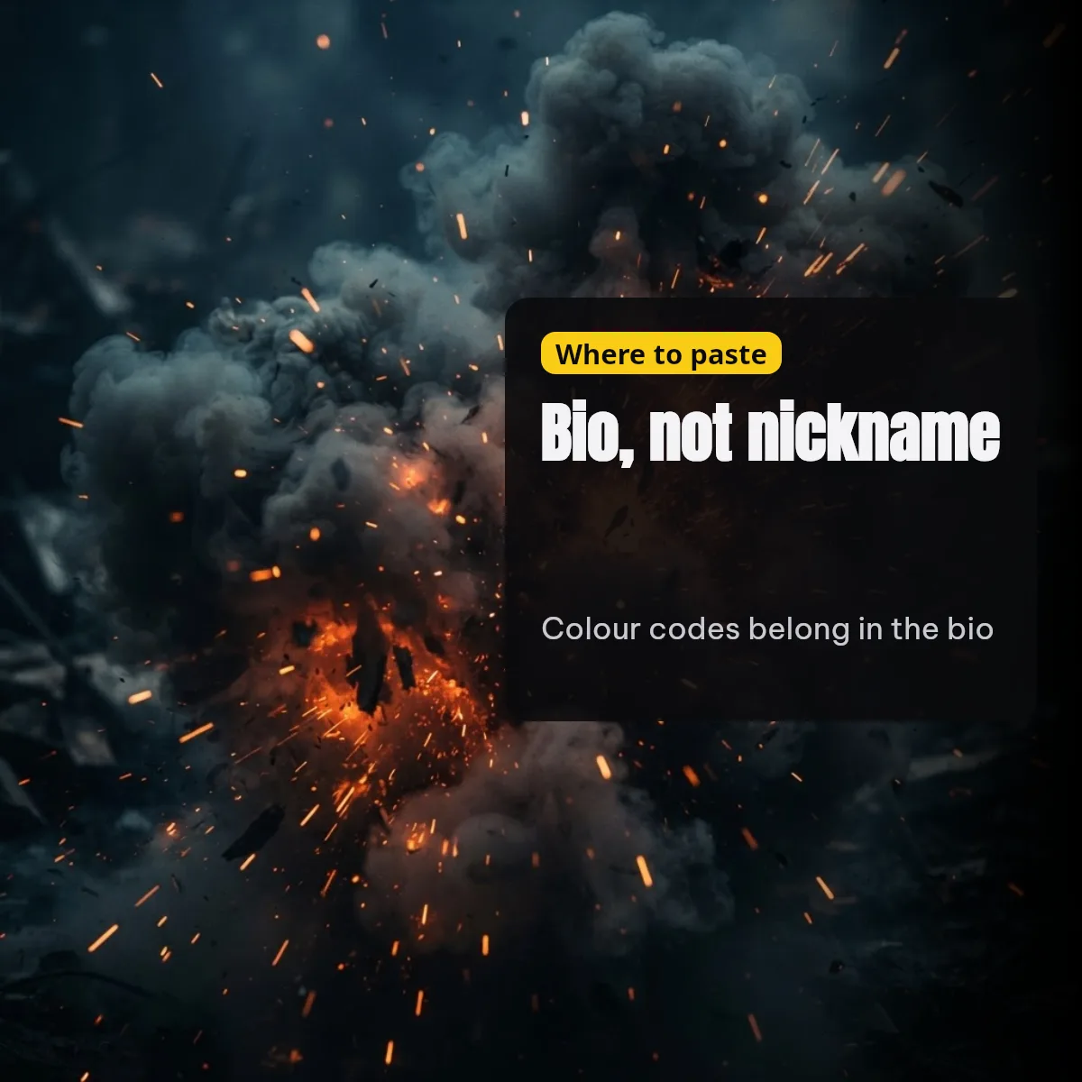 Free Fire color codes belong in the bio, not the nickname box, over dark smoke and sparks